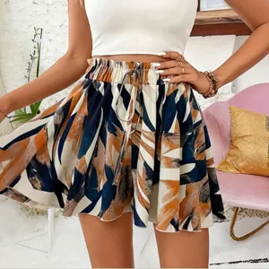 Shorts d'Été Décontractés Taille Haute à Cordon Imprimés Jambes Larges Mode Élégant Vacances Plage Culottes