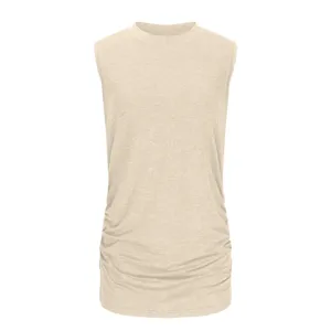 Detail view of a solid beige sleeveless knit tank top featuring stylish side ruching.