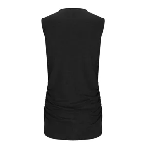 Detail view of black sleeveless summer top featuring side ruching and classic crew neckline design.