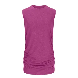 Women summer solid color sleeveless tank top detail close up side ruched knit vest view