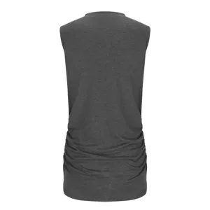 Back view detail of dark gray solid sleeveless knit tank top showing side ruching.