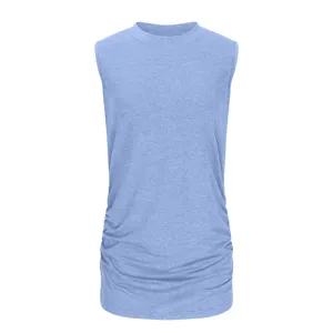 Detailed view of women casual solid color sleeveless knit tank top with side ruching design.
