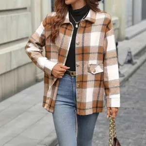 Damen Herbst Winter Freizeit Karo langarm Knopfleiste Jacke Mantel mit Taschen Streetwear Oberteil