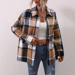 Damen Karomuster Oversized Hemdjacke Langarm Herbst Winter Freizeitjacke Mantel Top
