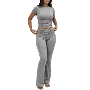 Women grey two piece set crew neck crop top flare pants casual workout sportswear outfit