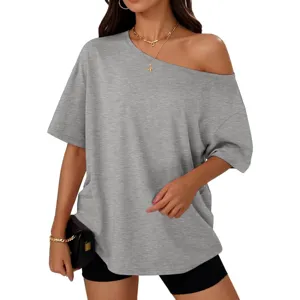 Women casual loose off-the-shoulder grey short sleeve t-shirt summer top fashion.