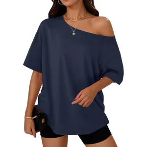 Women's stylish loose off shoulder slant neck t-shirt short sleeve Y2K casual top apparel.