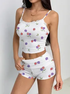 Women sexy camisole top and shorts set with cute print and lace trim, stylish summer outfit.