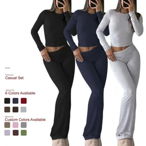 Women's Casual Long Sleeve Top And Low Waist Flare Pants Two Piece Set Solid Color Knitted Tracksuit Sportswear Outfit