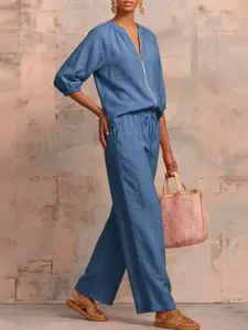 Summer casual solid color zip round neck top and wide leg pants two piece set for women