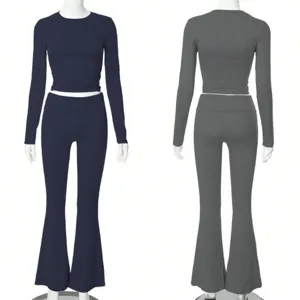 Women's Two-Piece Workout Set Long Sleeve Crop Top Low Waist Flare Pants Casual Activewear