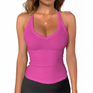 Femme Y2K debardeur cote col halter, sexy col en V gilet en tricot slim mode streetwear.