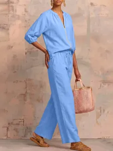Detail view of the summer casual loose solid color zipper top and wide leg pants set outfit.