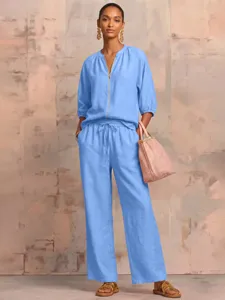 Women casual solid color zip round neck top and wide leg pants set summer two piece outfit