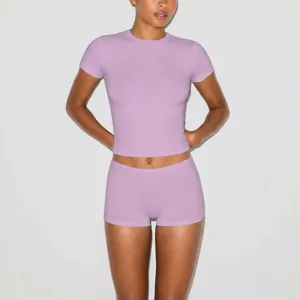 Women Casual Sports Fitness Short Sleeve T Shirt And Shorts Set Slim Fit Stretch Pullover Top And Bottom
