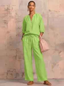 Summer casual loose solid color zipper crew neck wide leg pants two-piece set for women.