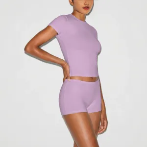 Women casual slim fit short sleeve t-shirt and tight shorts lounge set for daily wear.