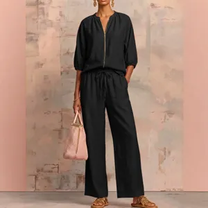 Casual black zipper top and wide leg pants set for women, perfect for summer daily wear.
