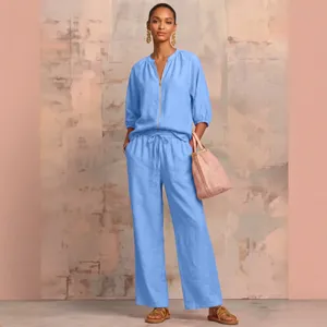 Summer casual two-piece solid color zip crewneck top and wide leg pants set for women