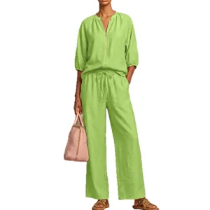 Women summer casual solid color zip round neck top and wide leg pants comfortable two piece set