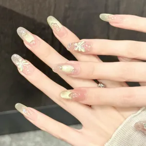 Unghie a Pressione Fatte a Mano Rosa Nude Occhio di Gatto Con Farfalla 3D Strass Unghie Finte Ovali Lunghe per Donna Kit Manicure