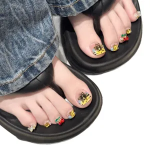 Handmade press-on toenails 3d cherry gold charms fake toe nails for women summer style