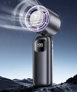 Handheld cooling fan detail shot featuring digital screen and semiconductor ice cooling surface.