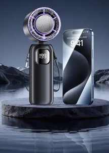 Detail view of handheld semiconductor cooling portable fan with digital display and ice compress.