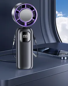 Portable handheld mini fan with digital display and cool LED light for outdoor travel.