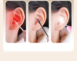 Vue détaillée du nettoyeur d'oreilles visuel intelligent comparé aux cotons-tiges.