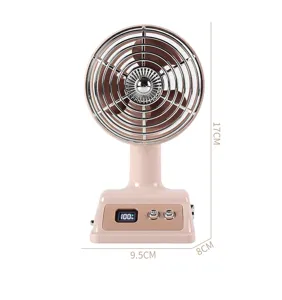 Vue détaillée du mini ventilateur rétro avec écran numérique, boîtier rose et grille chromée.