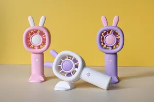 Cute rabbit ear mini handheld fan detail view with rechargeable battery stand base