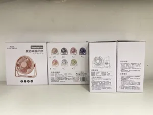 Dettagli della scatola di imballaggio del ventilatore da tavolo con batteria 2000mAh.