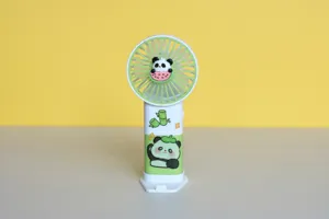 Cute portable USB rechargeable mini fan with adorable cartoon panda design for students.