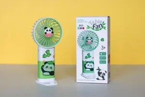 Portable handheld fan detail showing cute panda design, green blades and desktop stand base.
