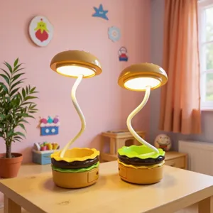 Lampe de Bureau Hamburger Créative USB Rechargeable Portable Pliable Lampe de Lecture Mignonne Veilleuse Dessin Animé avec Taille-Crayon