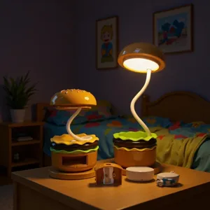 Lampe de bureau créative en forme de hamburger avec batterie USB et taille-crayon intégré.