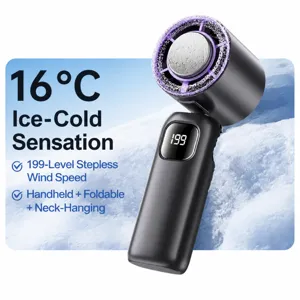 Portable handheld high-speed folding cooling fan with digital display and ice-compress function.