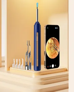 Vue détaillée du nettoyeur d'oreilles visuel intelligent avec accessoires et affichage.