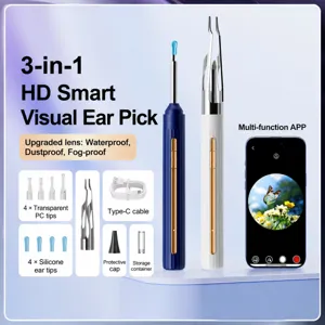 Smart visual ear wax removal tool with camera, LED light, app connection and multiple accessories.