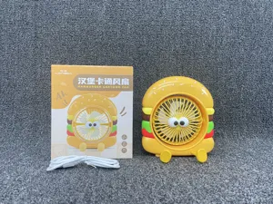 Vue de détail du ventilateur mignon de dessin animé hamburger avec câble USB et boîte.