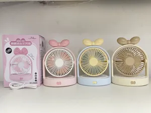 Ventilateur de bureau portable nœud mignon, ventilateur rechargeable à 3 vitesses avec LED.