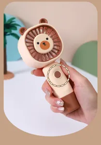 Handheld mini fan detail view, cute cartoon bear design, portable USB rechargeable cooling device.