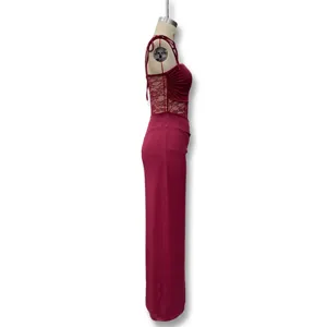 Sexy burgundy lace patchwork cami maxi dress, elegant side view of sleeveless evening party wear.