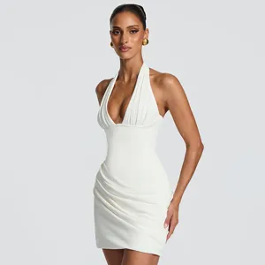 White halter neck ruched mini dress detail, stylish sleeveless bodycon summer wear view.