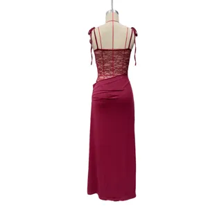 Wine red lace splice camisole long dress sexy elegant backless sleeveless evening gown