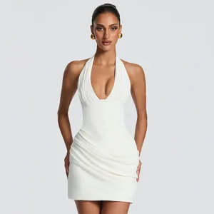 Women's summer solid sleeveless halter neck ruched backless mini dress detail view.