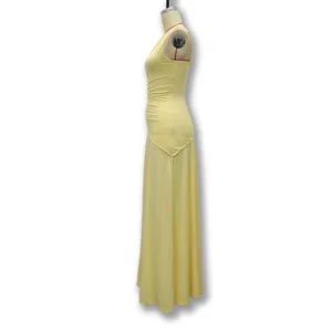 Elegant one-shoulder pleated maxi dress side view, showcasing the fitted waist and flowing drape.