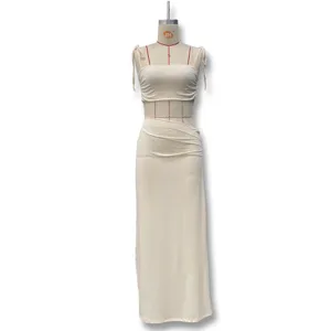 Beige sexy lace patchwork camisole long dress, elegant off-white women's party apparel.