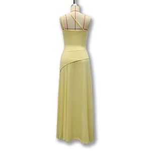 Yellow asymmetric shoulder long dress detail view, elegant chiffon backless pleated design.